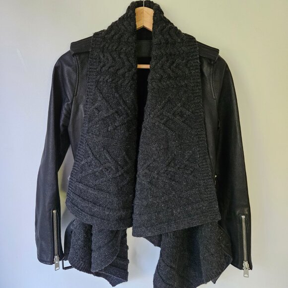 All Saints Wrap Cable Jacket Genuine Goat Leather Size 0 Black Draped Open Front - Picture 4 of 16